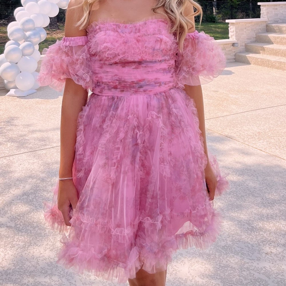 Pink Ruffled Floral Homecoming Dress
